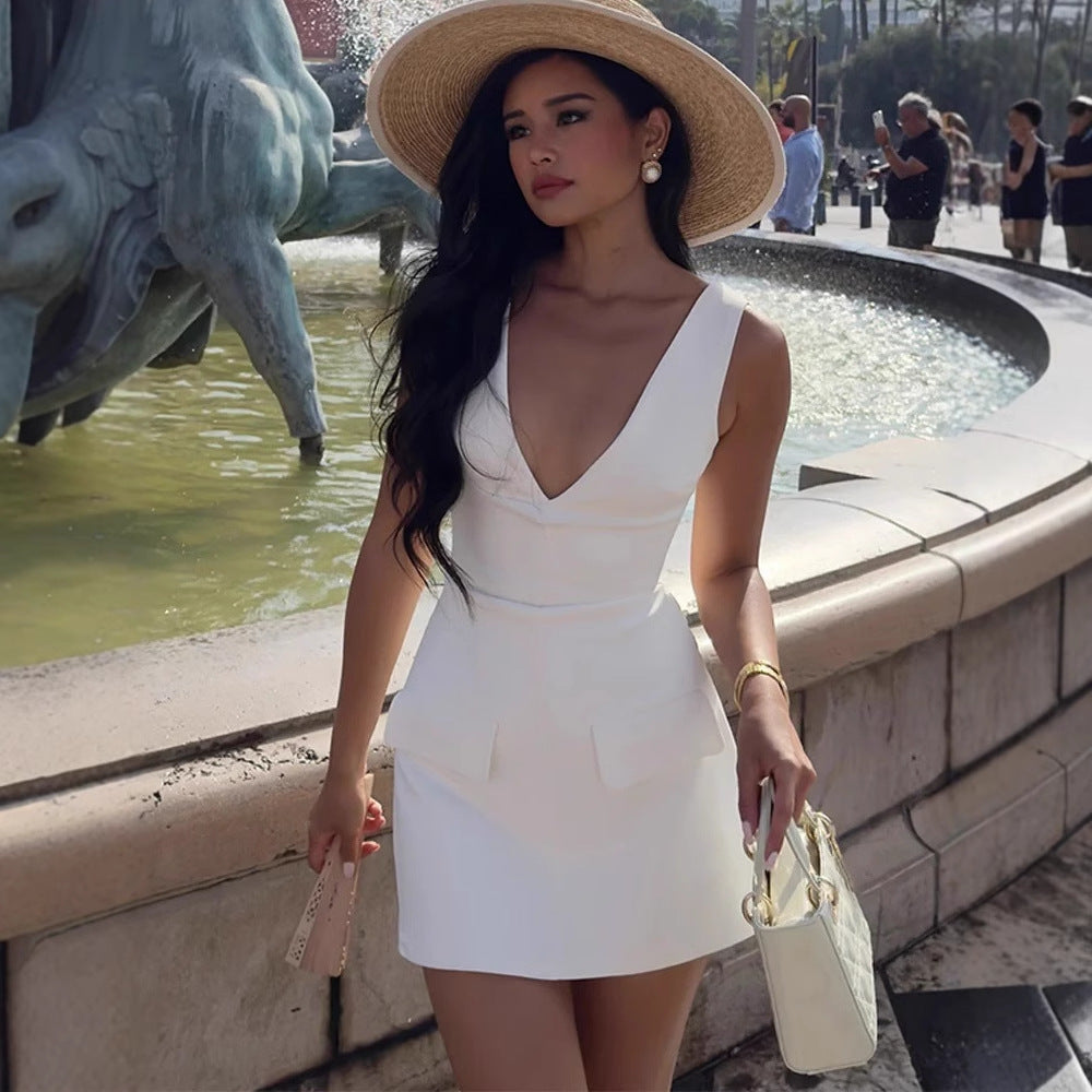White sleeveless V-neck mini dress