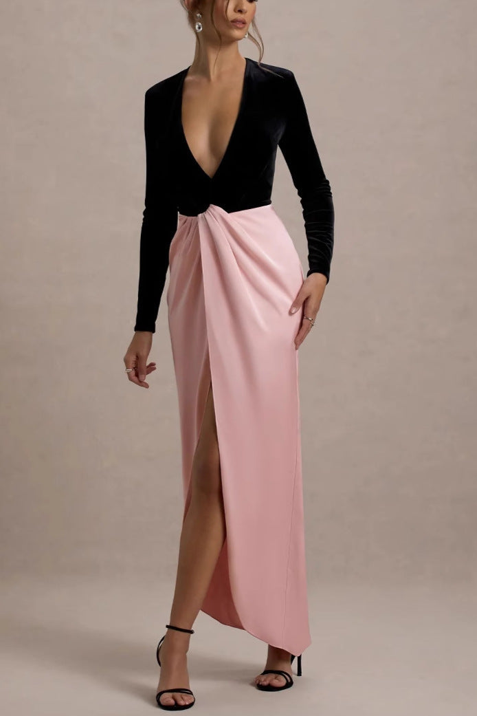 Long-Sleeve High-Waisted V-Neck Dress