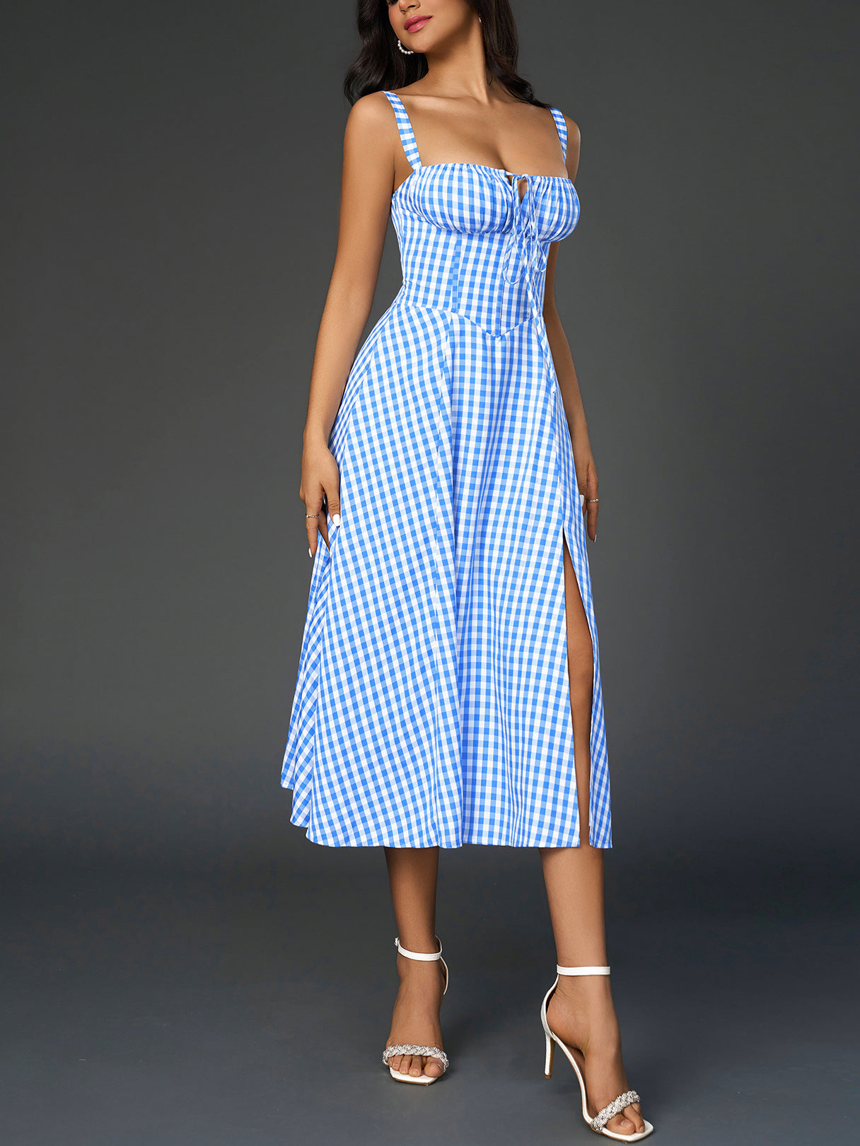 blue plaid herringbone slip slit backless chest tie long dress