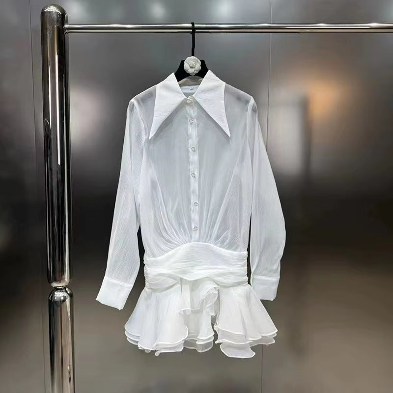 Collared mesh ruffled long-sleeved shirt and skirt