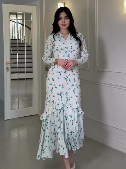 blue long sleeve Floral Ruffle maxi Dress