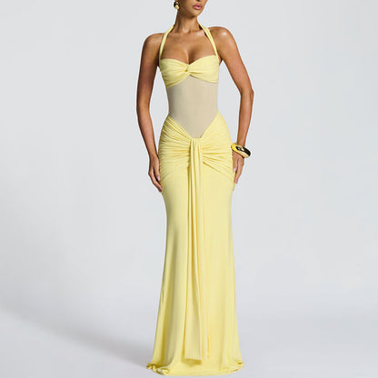 yellow backpack pleated hip dress