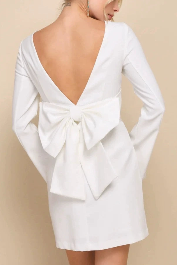 white back V-neck open back bow long-sleeved mini dress
