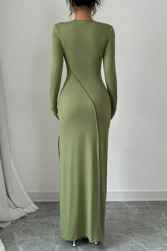 green long-sleeved crew neck dress