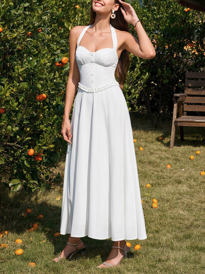 white Backless Halter-neck Tie-Up maxi Dress