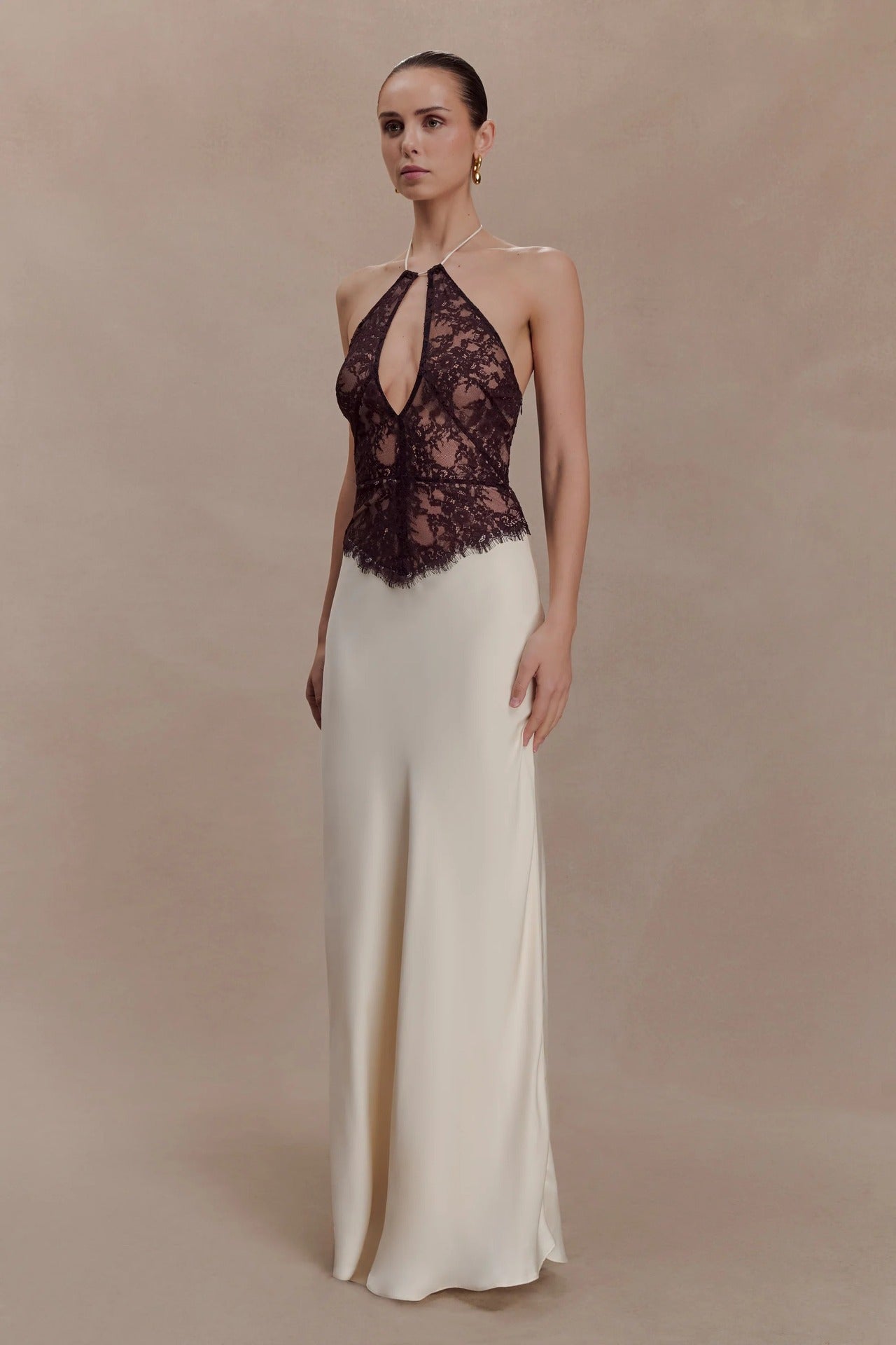 satin lace halterneck spliced hollow dress