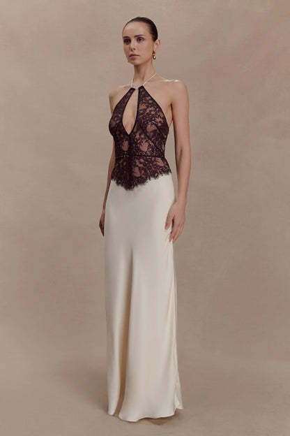 satin lace halterneck spliced hollow dress