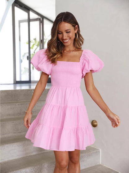 pink square neck puff sleeves ruffled pleated dress