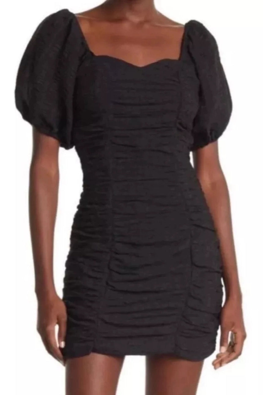 black pleats bubble lantern short sleeve dress