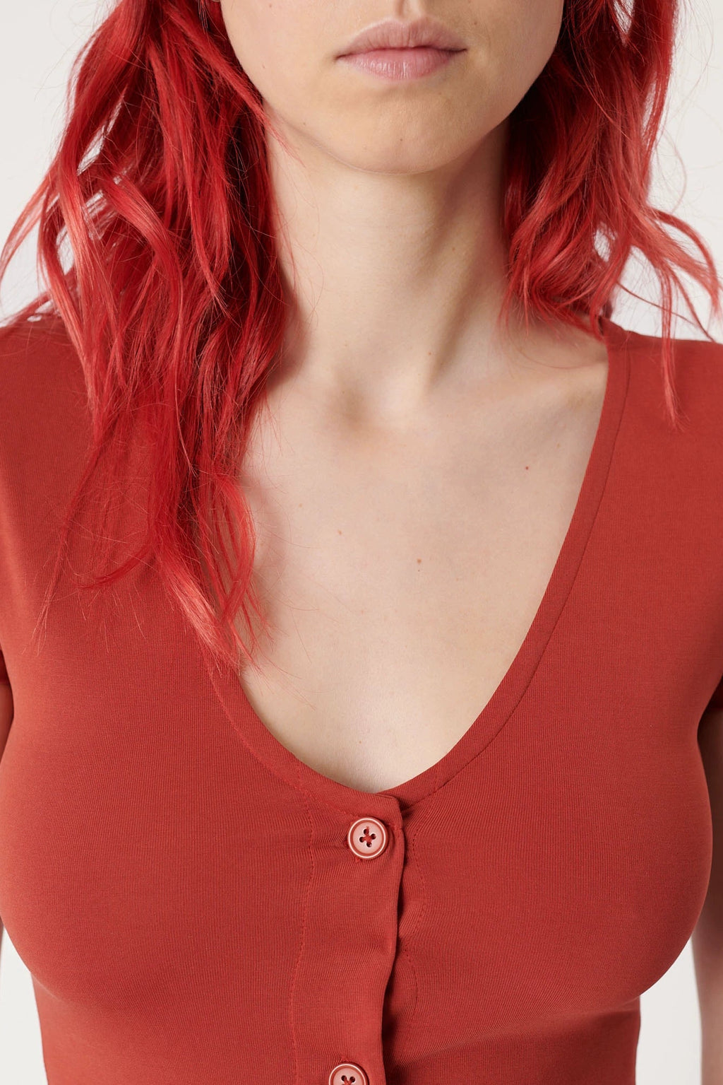 Brick red V-neck short-sleeved knitted dress