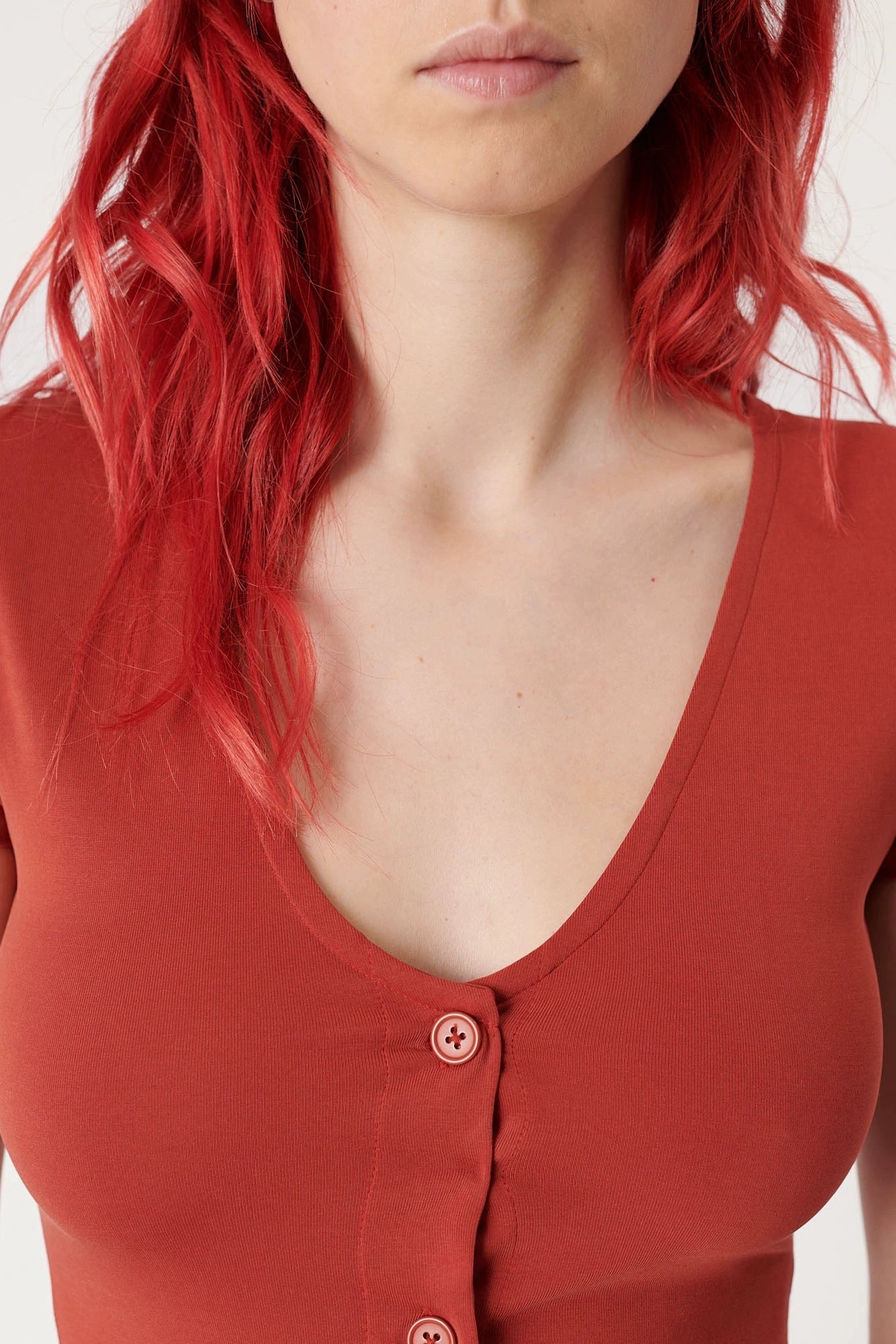 Brick red V-neck short-sleeved knitted dress