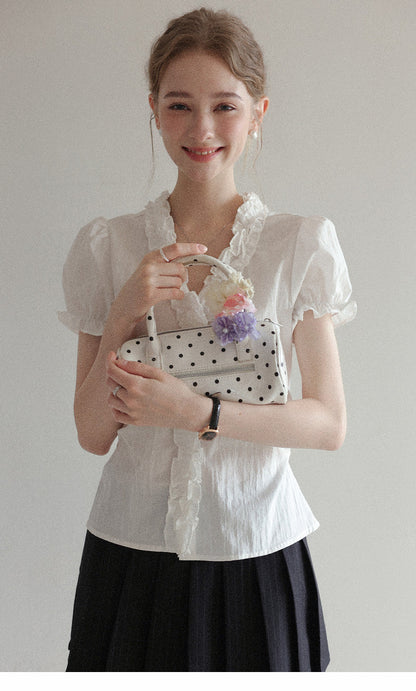 Puff sleeve ruffled V-neck short-sleeved shirt