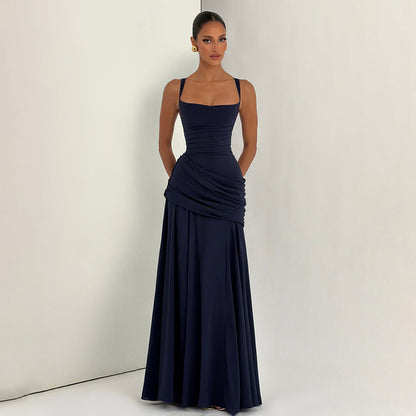 navy low-cut camisole open back mermaid dress