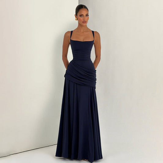 navy low-cut camisole open back mermaid dress