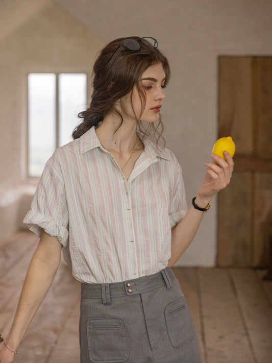 striped color-block patched rolled-sleeve shirt