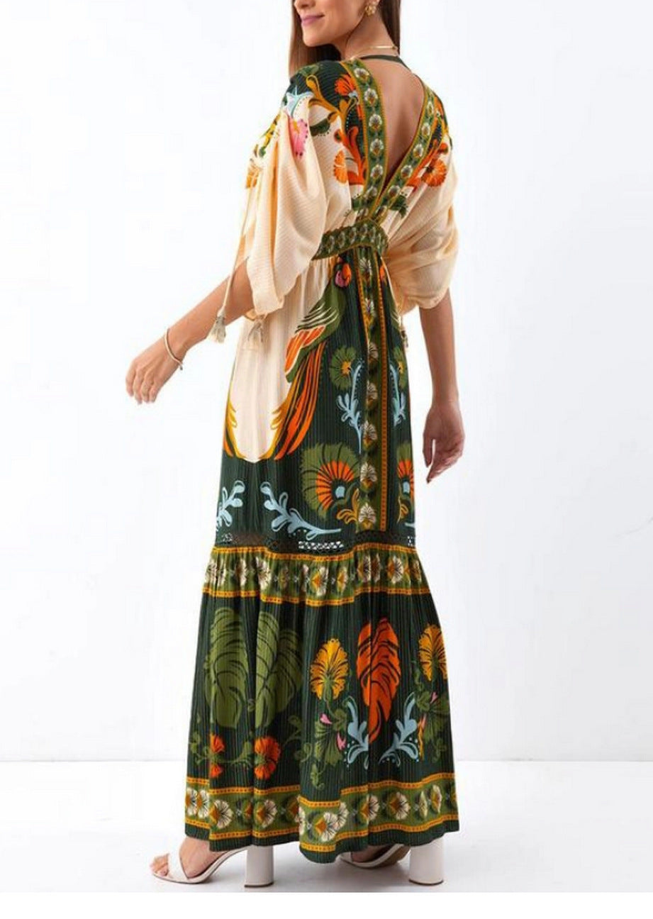 V-neck printed linen maxi dress