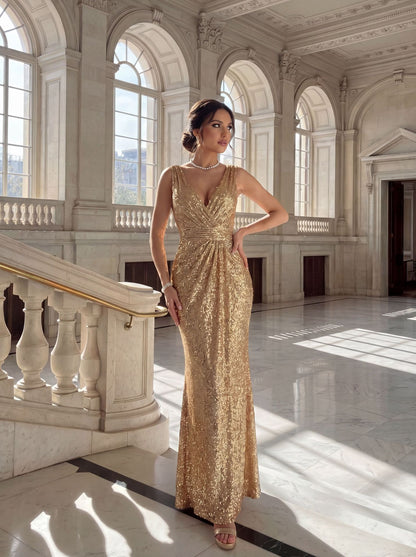 gold sequin deep V sexy backless maxi dress