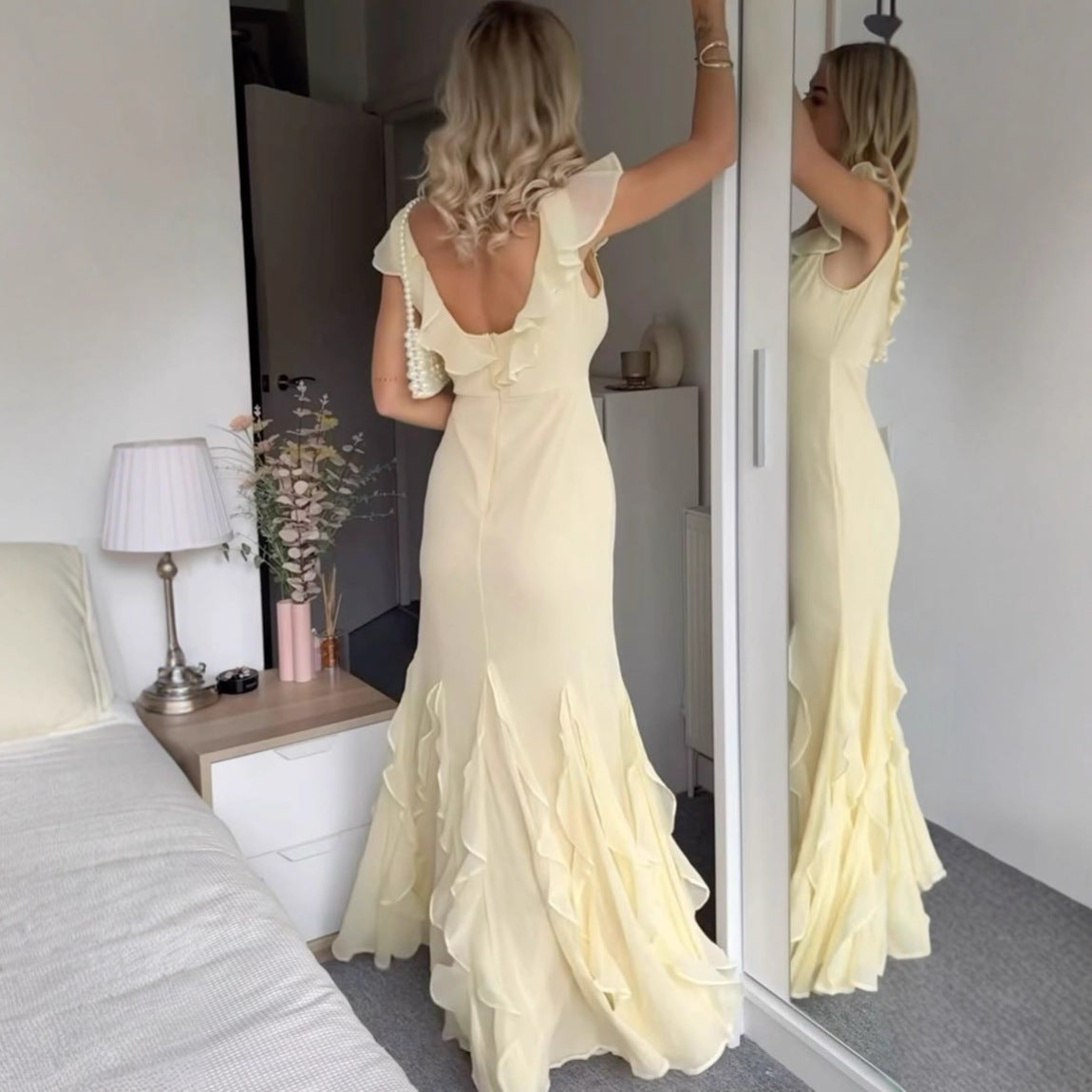 light yellow splicing ruffled maxi dress