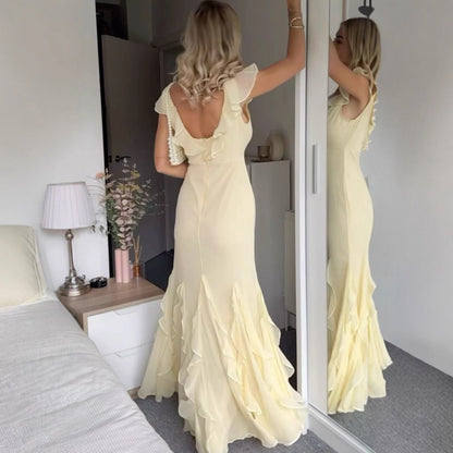 light yellow splicing ruffled maxi dress