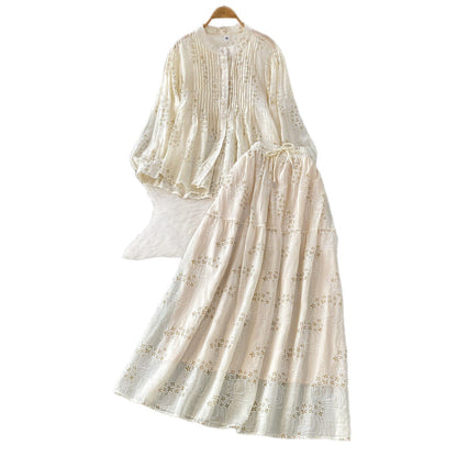 Summer Embroidered Floral Round Neck Pleated Long Sleeve Shirt Two-Piece Set