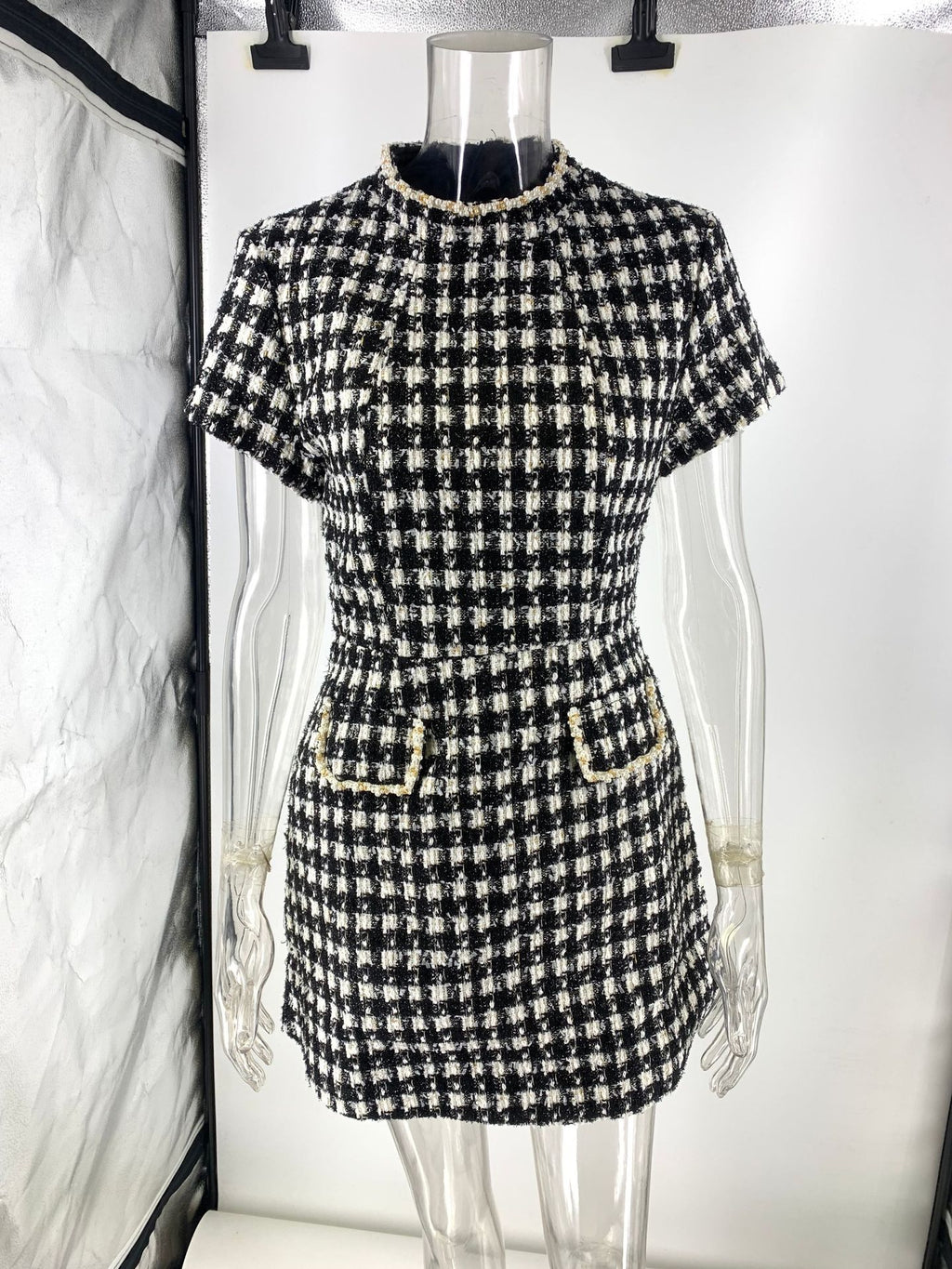 black round neck nail bead plaid mini dress