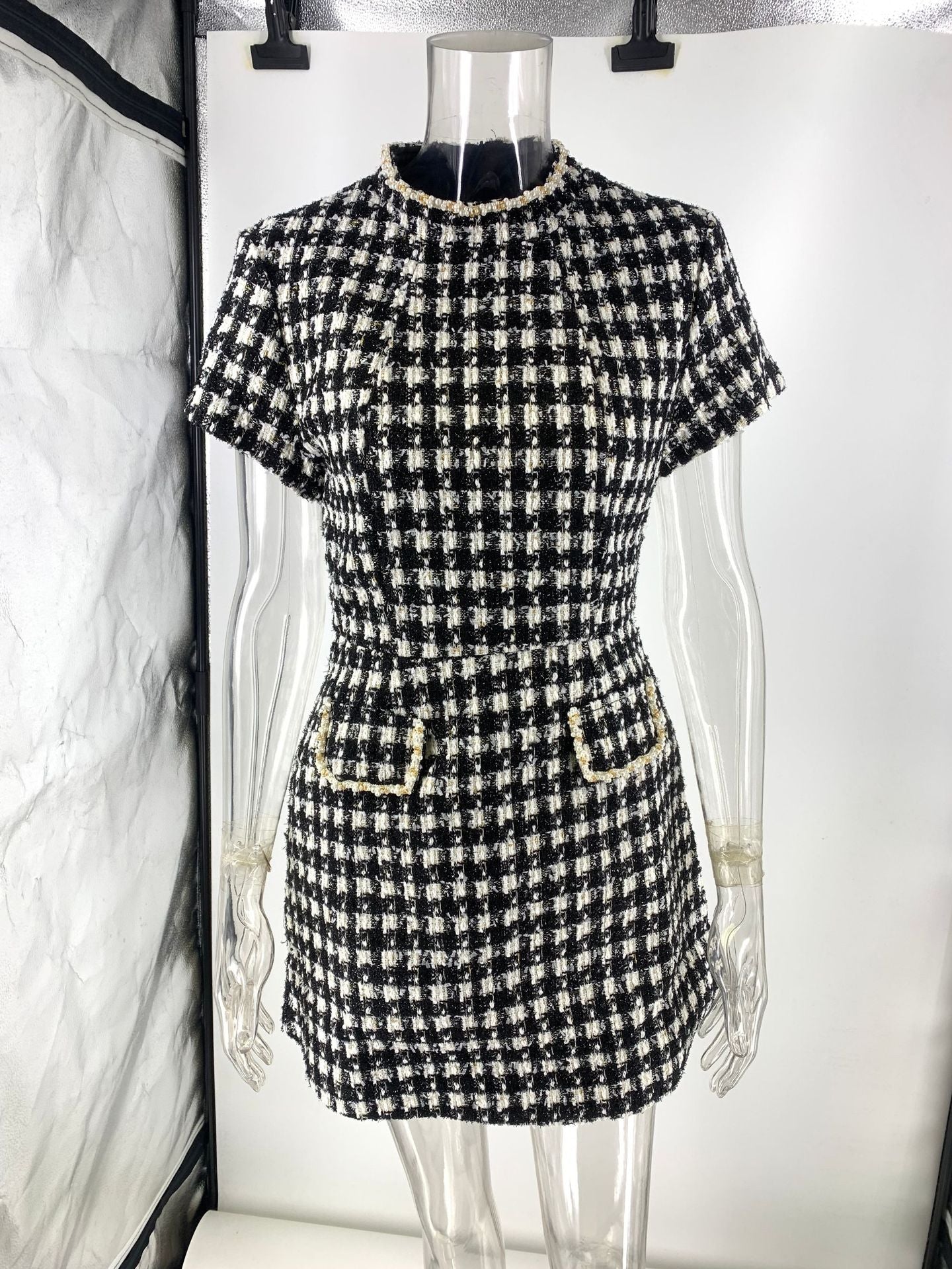 black round neck nail bead plaid mini dress