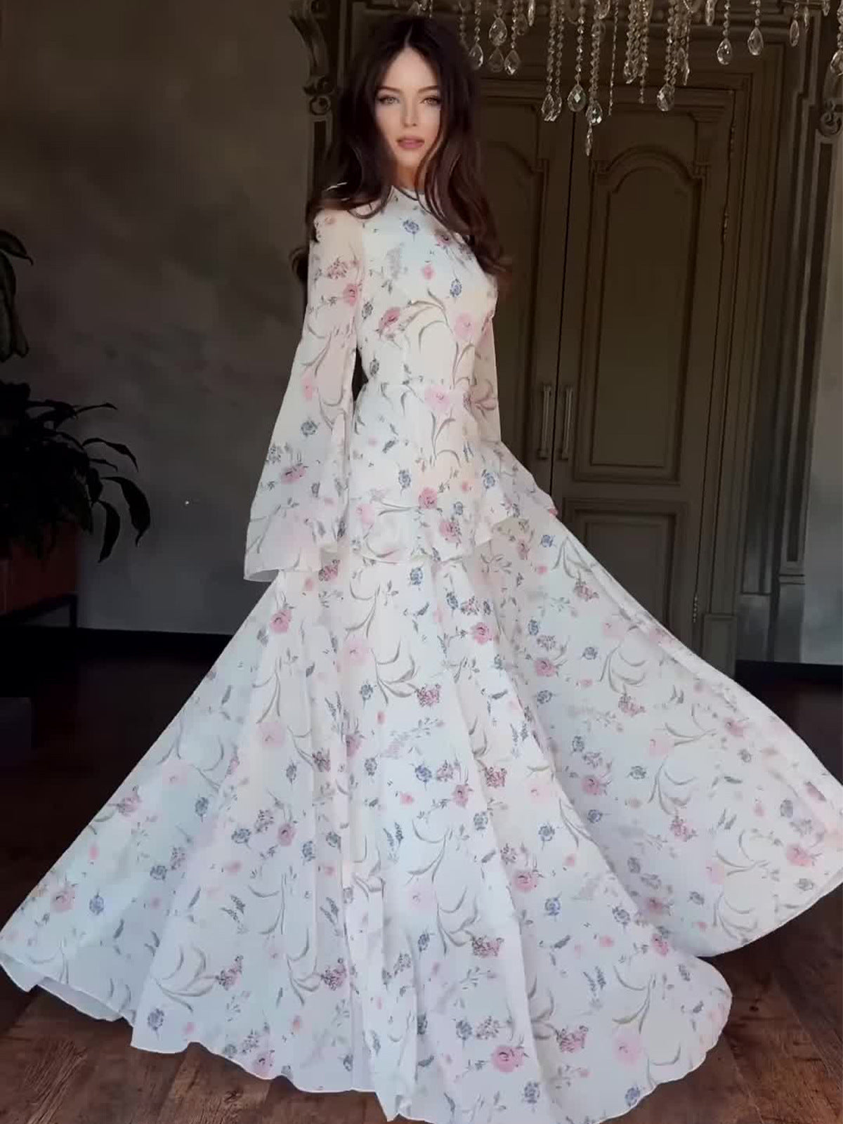 white floral long-sleeved maxi dress