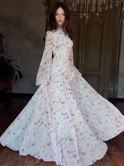 white floral long-sleeved maxi dress