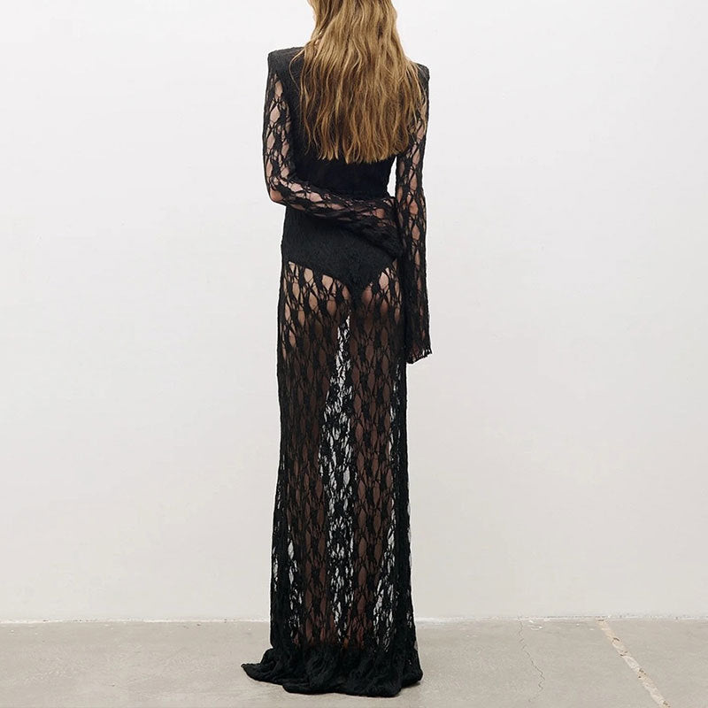 black lace long sleeve pleated mesh cutout deep V-neck dress