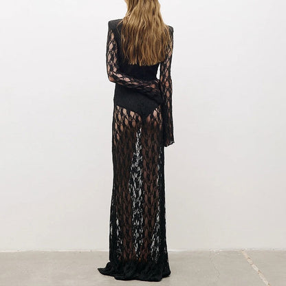 black lace long sleeve pleated mesh cutout deep V-neck dress