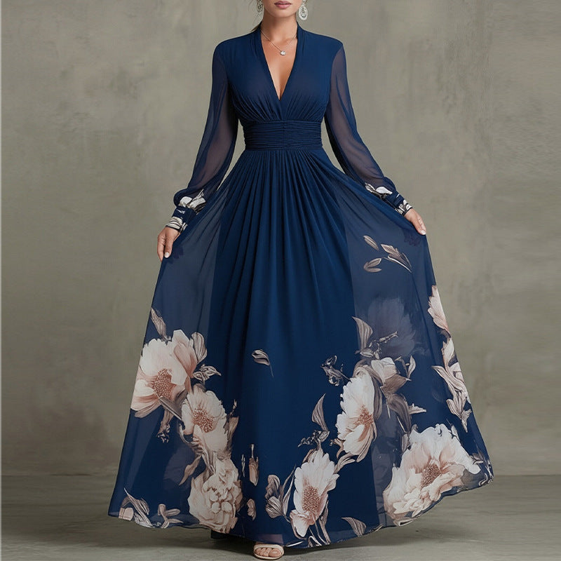 blue long sleeve printed V-neck maxi dress