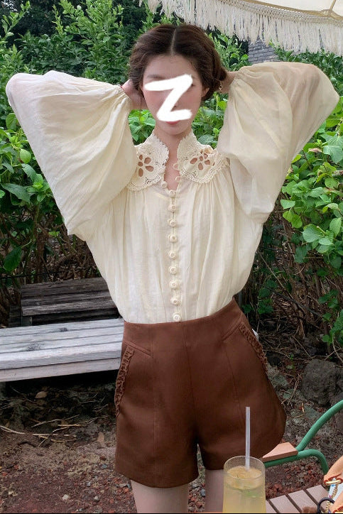 hollow embroidery cotton and linen long-sleeved shirt top