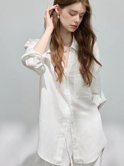 Loose-fitting lapel ramie long-sleeve shirt