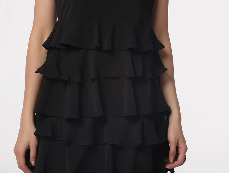 black knitted chiffon sleeveless vest A-line mini dress