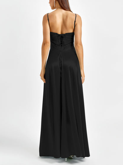 black matte satin backless slip dress