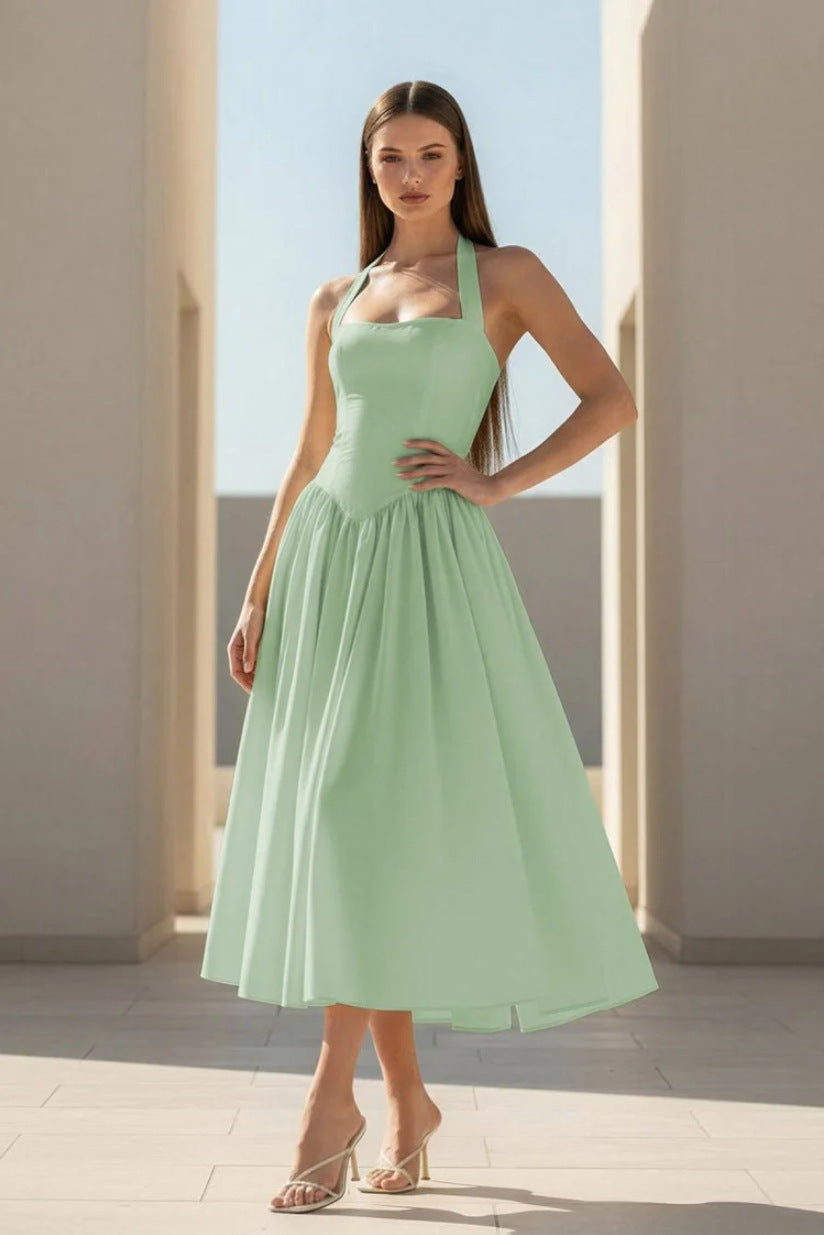 mint green Halter Strappy Backless midi Dress