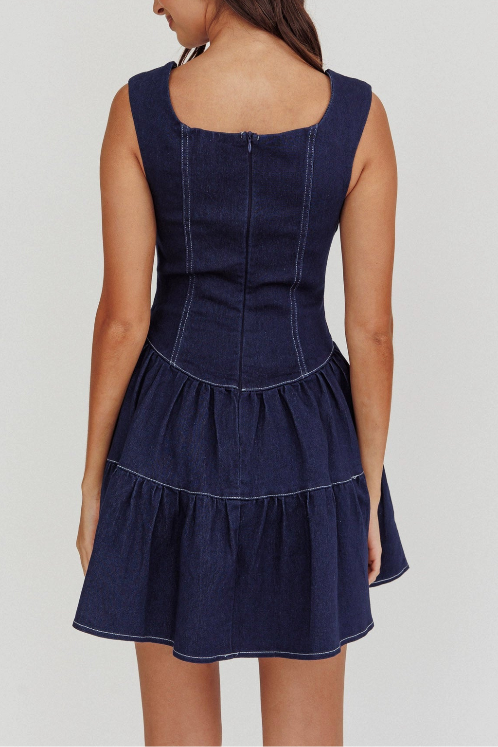 square neck corset buttoned denim waist mini dress