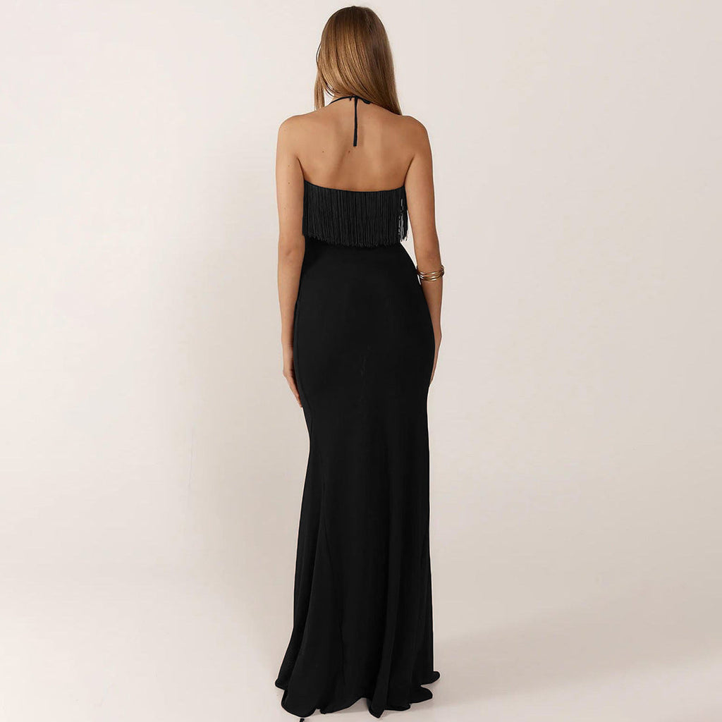 Tassel stitching halterneck backless high waist dress
