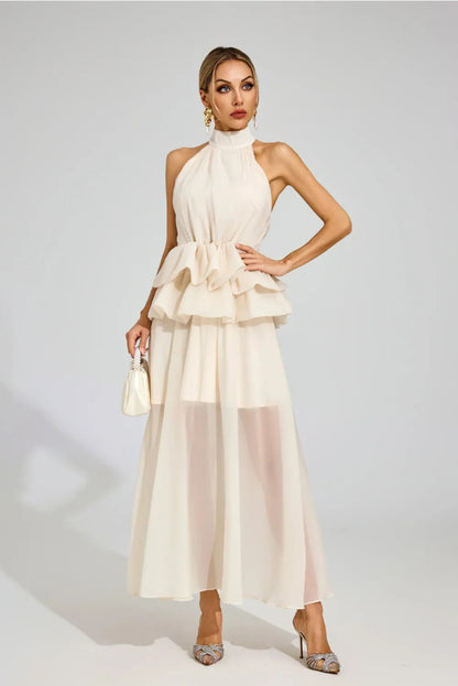 apricot sleeveless halterneck fluffy ruffled dress