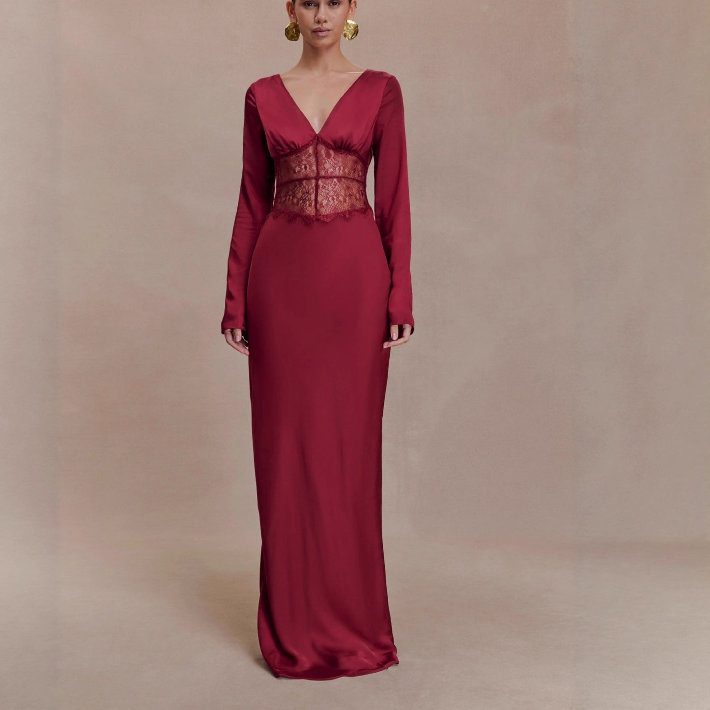 red lace patchwork V-neck satin hip maxi dress
