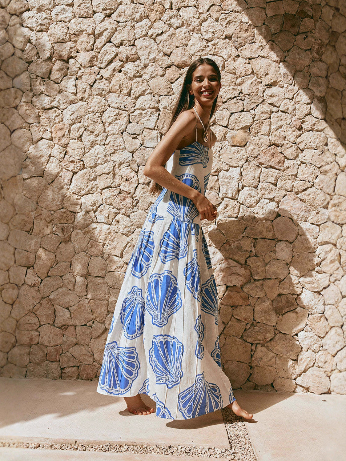 Linen print resort maxi dress - blue/white