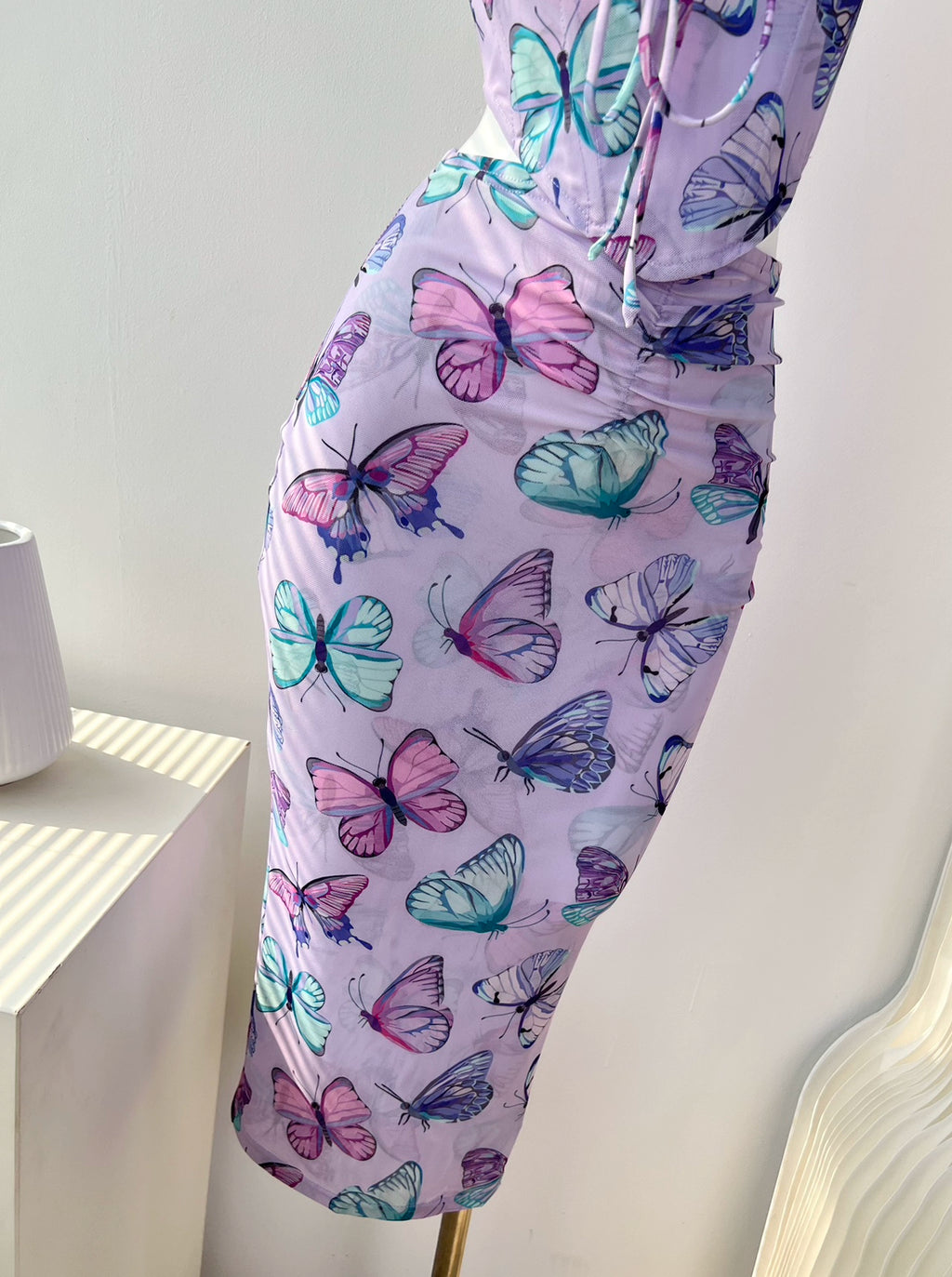 butterfly suspender mesh print fishbone skirt set