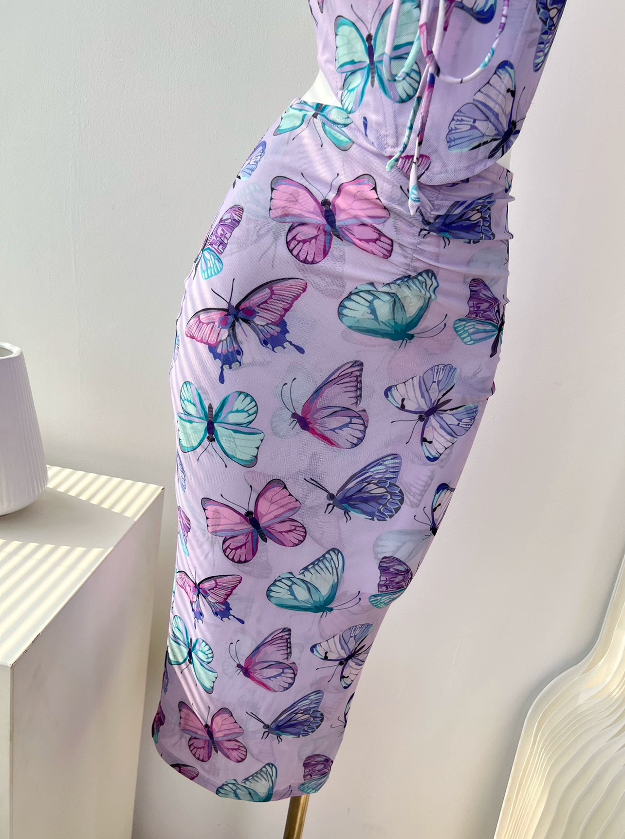 butterfly suspender mesh print fishbone skirt set