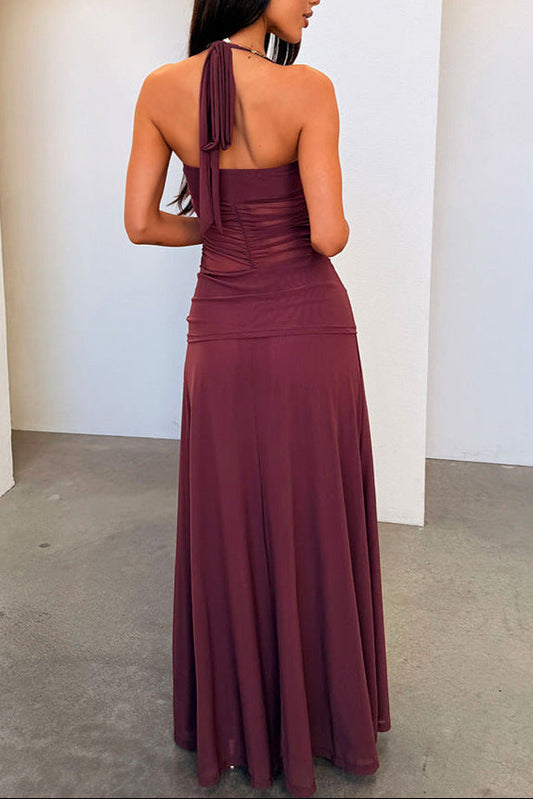 red wine low-cut halterneck dress