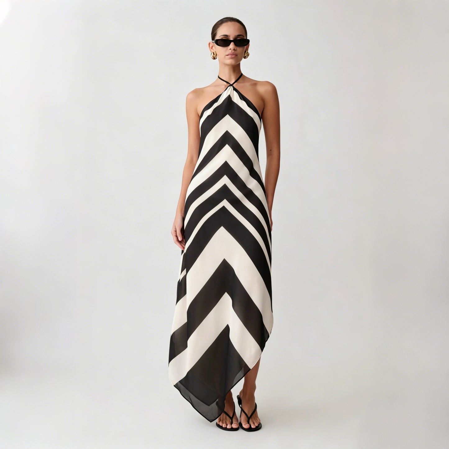 contrasting striped halterneck backless maxi dress