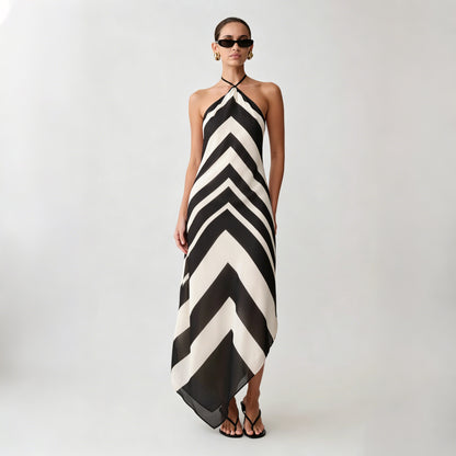 contrasting striped halterneck backless maxi dress