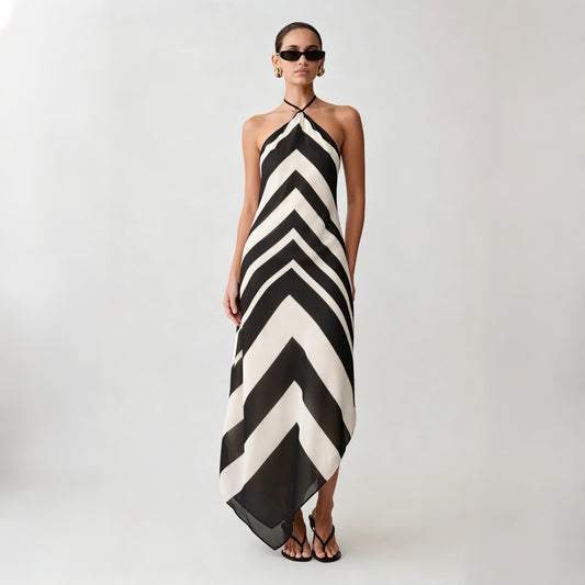 contrasting striped halterneck backless maxi dress