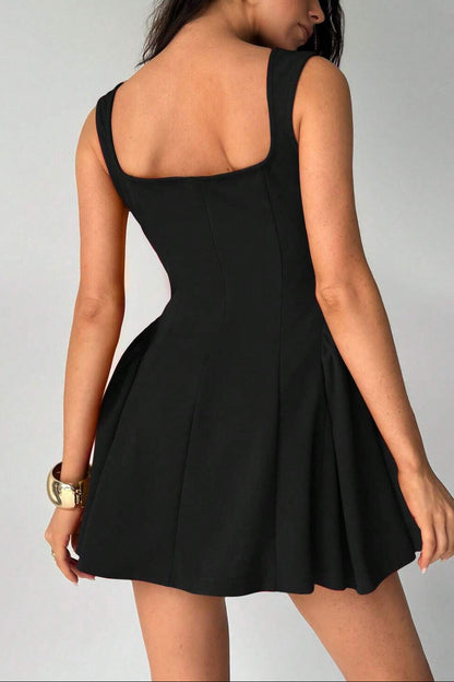 Square neck sleeveless suspender mini dress in black