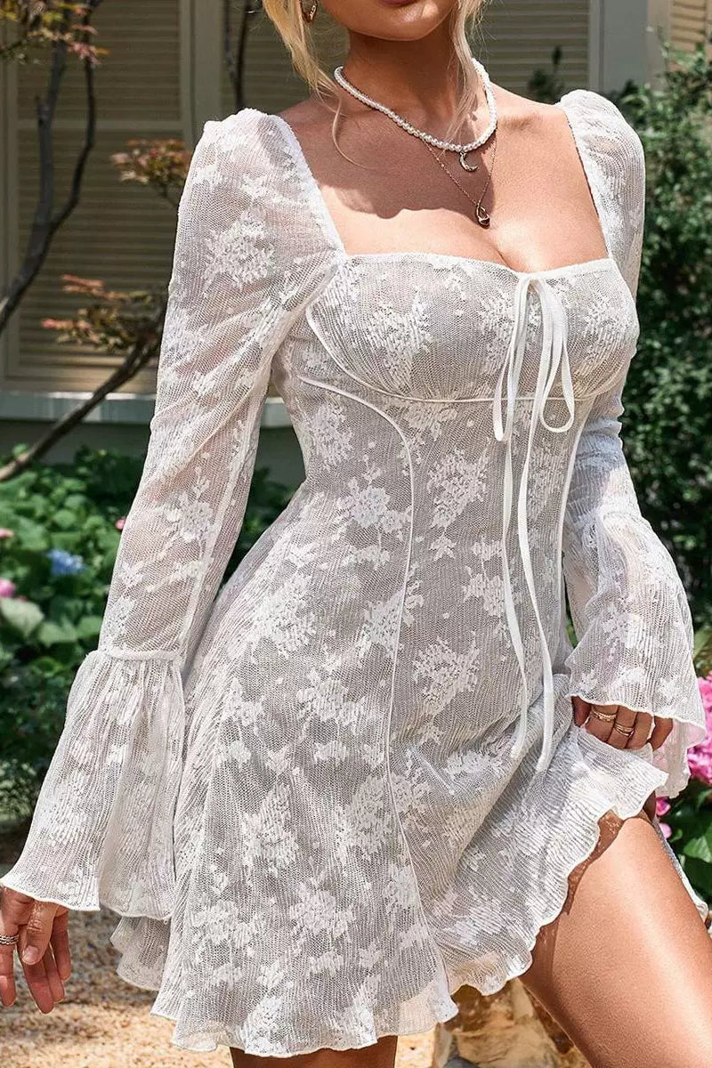 white lace flared sleeves square neck mini dress