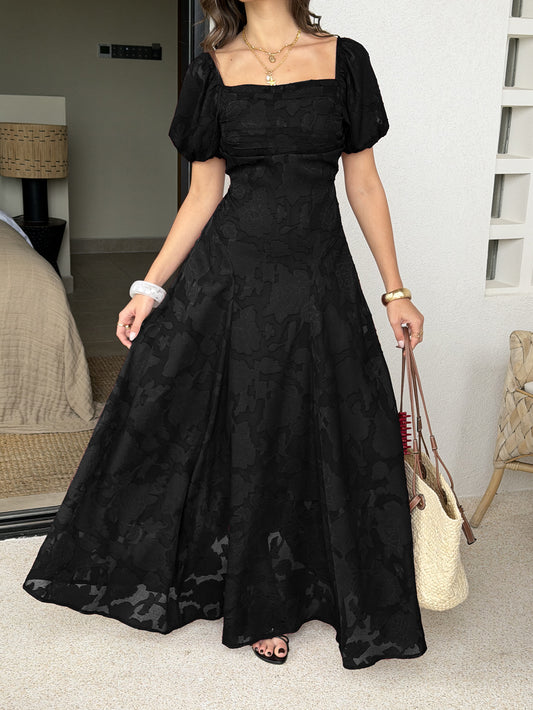 black square neck puff neck jacquard waist dress